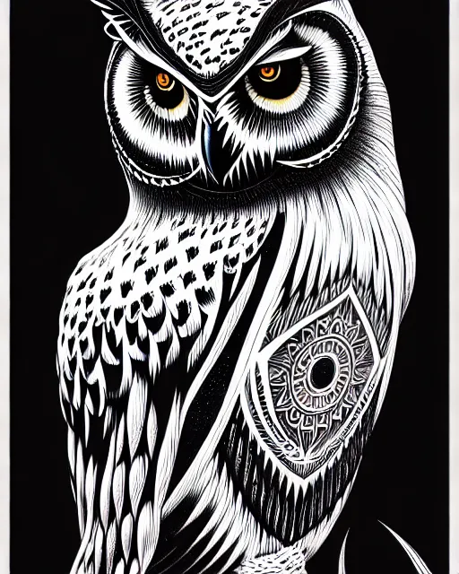 Image similar to side view of a majestic owl, high details, bold line art, by vincent di fate and joe fenton, inking, etching, screen print, masterpiece, trending on artstation, sharp, high contrast, hyper - detailed, hd, 4 k, 8 k