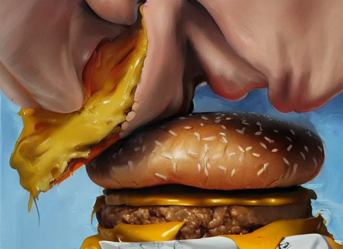 Image similar to realistic painting by jenny saville of!! donald trump!! licking a! cheeseburger!, art by jenny saville and tom bagshaw, detailed, sharp, smooth,! hamburger!