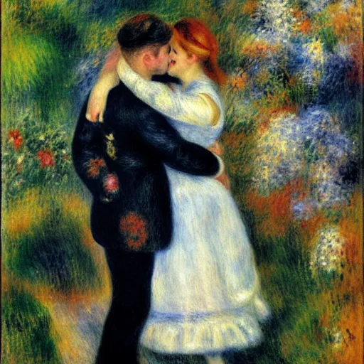 Image similar to art by renoir, real lgbt love, people wearing clothes