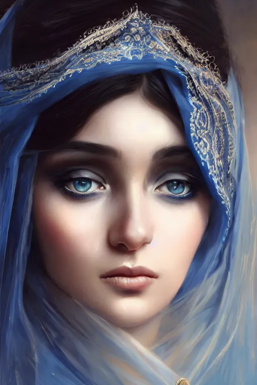 Image similar to arab Ameera al-Taweel, bright blue eyes, long wavy black hair, white veil, closeup, focus face, elegant, highly detailed, centered, oil painting, artstation, concept art by tom bagshaw