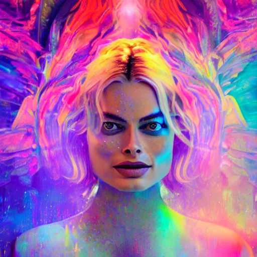 Image similar to Long Shot of psychodelic Margot Robbie in mysterious astral temple jumpin with pistol in river of chromatic SPIRITS , beautiful, dmt, trending on artstation, omnious, soft, hypermaximalistic, high details, cinematic, 8k resolution, artwork by Wong, Liam