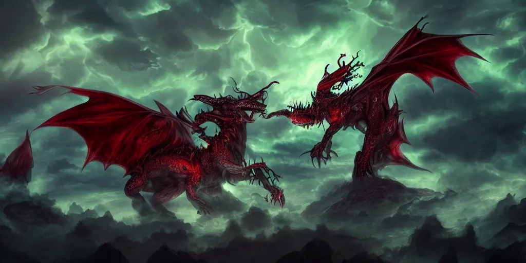 Image similar to A beautiful and very detailed photo of a Lich Dragon with his wings opened, storm clouds, red lightning coming down from the sky, green smoke coming out of its dark greenish body, majestic, exalted, elegant, epic, 4K UHD, trending on artstation, digital art