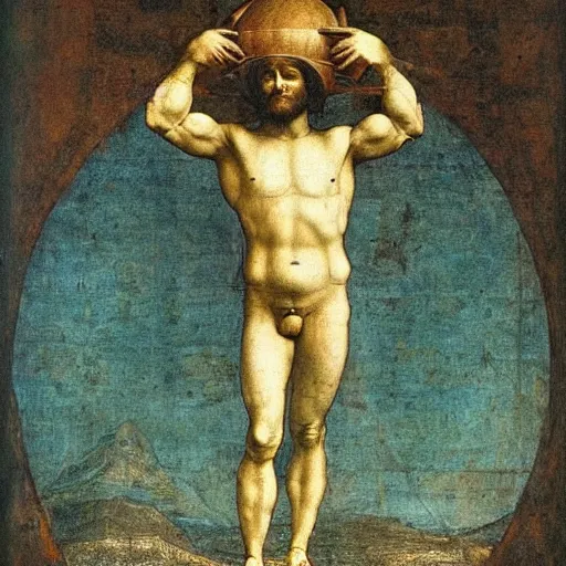 Image similar to atlas holding the world in his back painted by leonardo da vinci