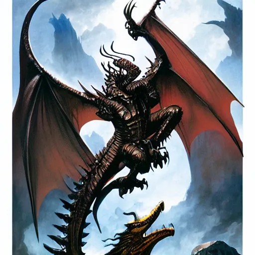 Image similar to flying black dragon, d & d, fantasy, greg rutkowski, frank frazetta, alexandre chaudret, boris vallejo, michael whelan, miro petrov, hr giger, magali villeneuve, donato giancola