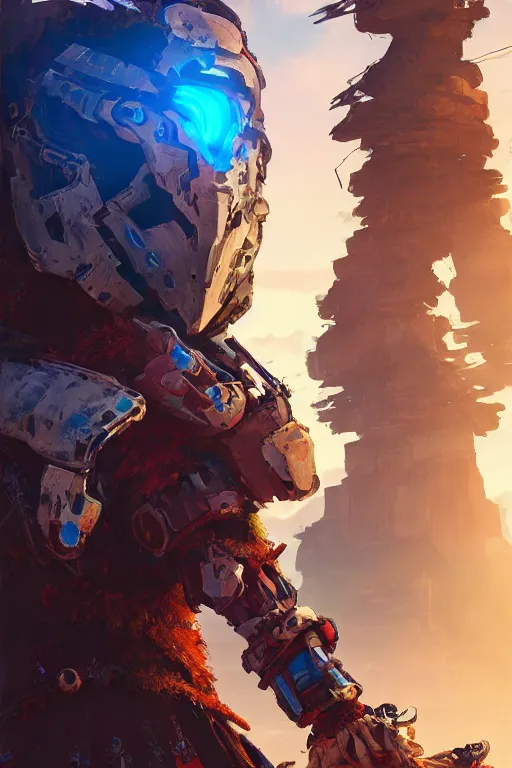 Image similar to combination suit armor aloy horizon forbidden west horizon zero dawn radiating a glowing aura global illumination ray tracing hdr fanart arstation by ian pesty and alena aenami artworks in 4 k tribal robot ninja mask helmet backpack