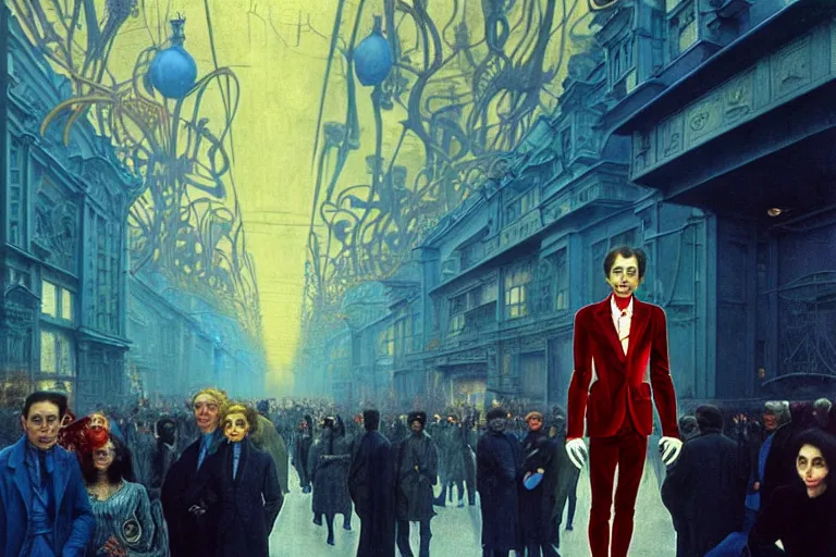 Image similar to realistic detailed photorealistic film portrait shot of a single skeleton wearing crimson velvet blazer in a crowded futuristic moscow street by Denis Villeneuve, Amano, Yves Tanguy, Alphonse Mucha, Ernst Haeckel, Andrei Tarkovsky, Edward Robert Hughes, Roger Dean, rich moody colours, slime, wide angle, blue eyes