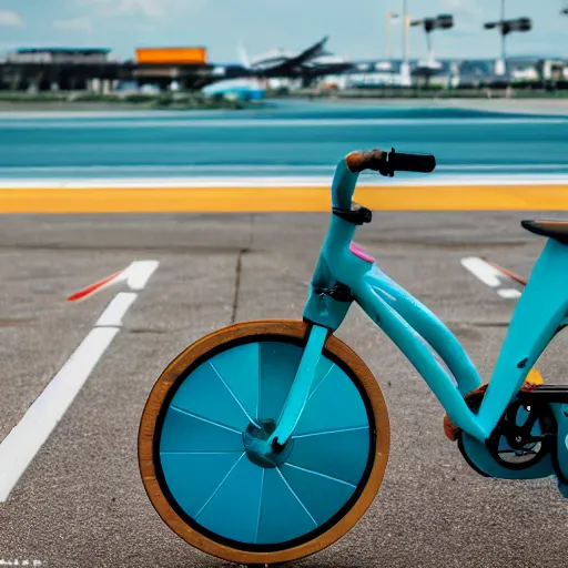 Prompt: aqua bike in the middle of an airport runway, canon eos r 3, iso 2 0 0, 1 / 1 6 0 s, 8 k, raw, unedited, symmetrical balance, in - frame