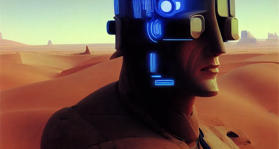 Image similar to protrait of a cyberpunk touareg, by ruan jia, weldon casey, ralph mcquarrie. smooth gradients, transparent inflatable structures in akakus desert.