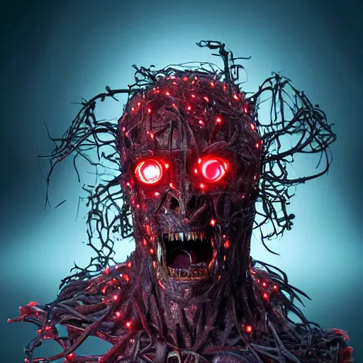 Image similar to a mechanical and human hybrid, fleshy computer clump, clumps of hair, teeth, led, lights, blood, doom monster,