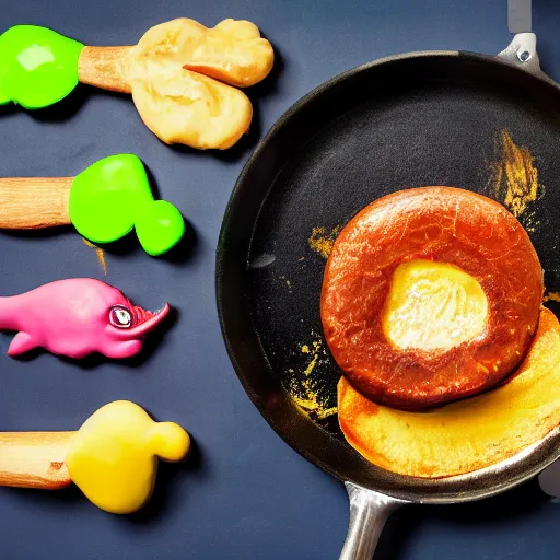 Image similar to a frying pan cooking a dinosaur egg. food magazine photograph.