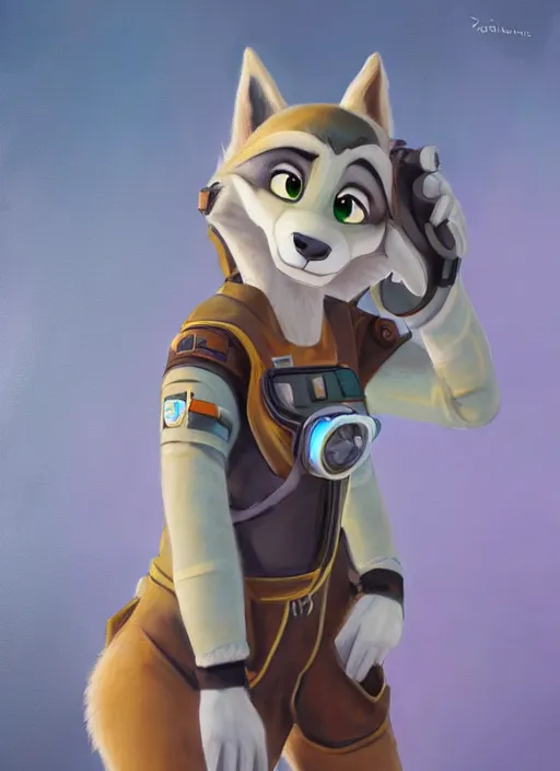 Image similar to oil painting detailed full body of anthromorphic female wolf, in style of zootopia, zootopia, zootopia, fursona, furry, furaffinity, 4 k, deviantart, furry art, fursona art, wearing astronaut outfit, in style of zootopia, wolf fursona, cyberpunk, female, detailed feminine face,