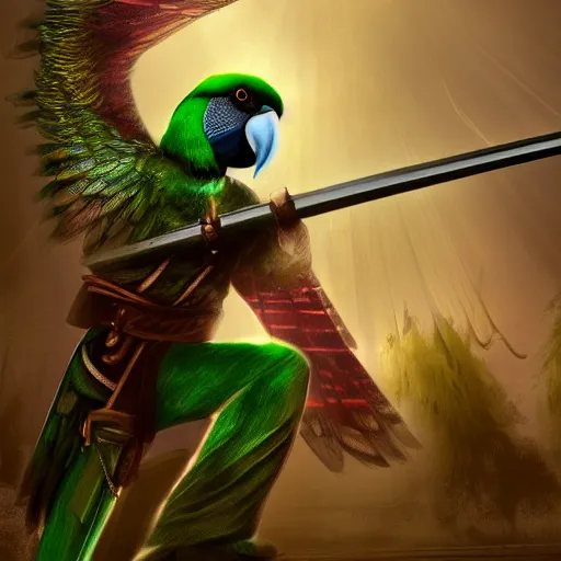Prompt: Giant green Quaker parrot fights with medieval knight with sword. Enchained, restrained. Bloom, volumetric lighting. Fantasy, digital painting, HD, 4k, detailed.