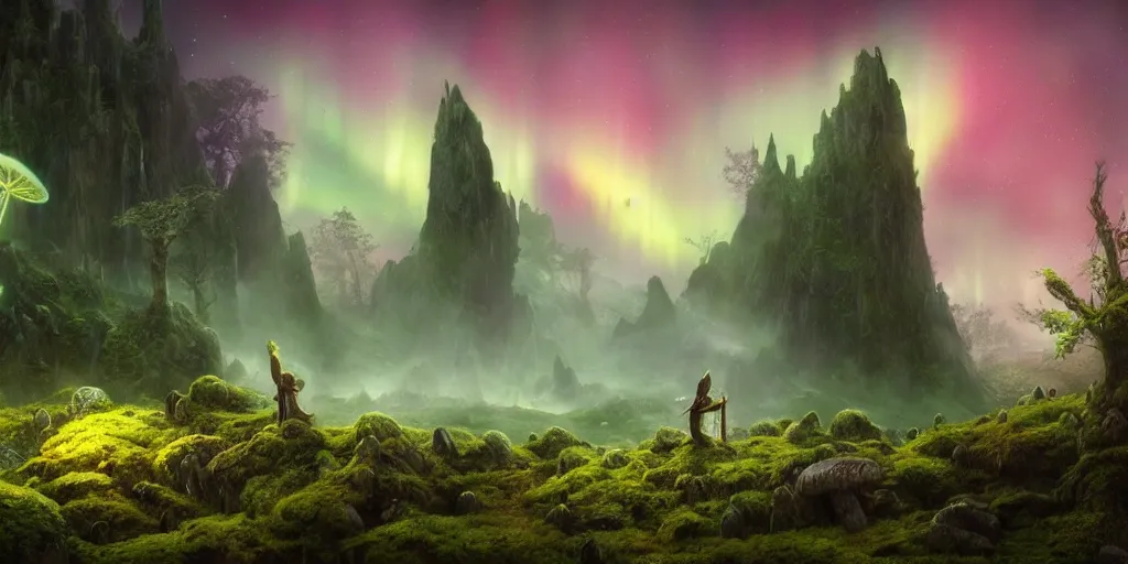 Prompt: surreal fairyland scenery landscape, lord of the rings, aurora borealis, mist, monoliths, flowers, mushroom structures, moss highly detailed, vivid color, perfect lighting, perfect composition, 8 k, brian froud, artgerm, derek zabrocki, greg rutkowski