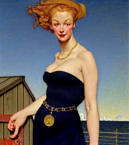 Prompt: a fancy beautiful young lady standing on a wharf at the edge of the sea by brom and gil elvgren and jean delville and william blake and norman rockwell and michael whelan, crisp details, hyperrealism, high detail, high contrast, low light, stylish navy blue heels, gold chain belt, cream colored blouse