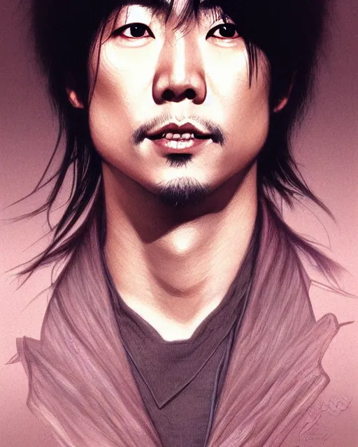 Prompt: photography portrait of japanese rock singer yutaka ozaki from 1 9 8 0 s, ambient lighing, intricate, elegant, highly detailed, digital painting, artstation, concept art, smooth, sharp focus, illustration, art by artgerm and greg rutkowski and alphonse mucha