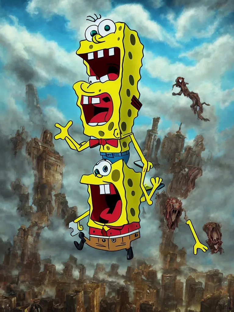 Prompt: Spongebob as a Titan from Attack on Titan. Epic dark fantasy horror stylized oil painting by Ivan Shiskin. Trending on artstation