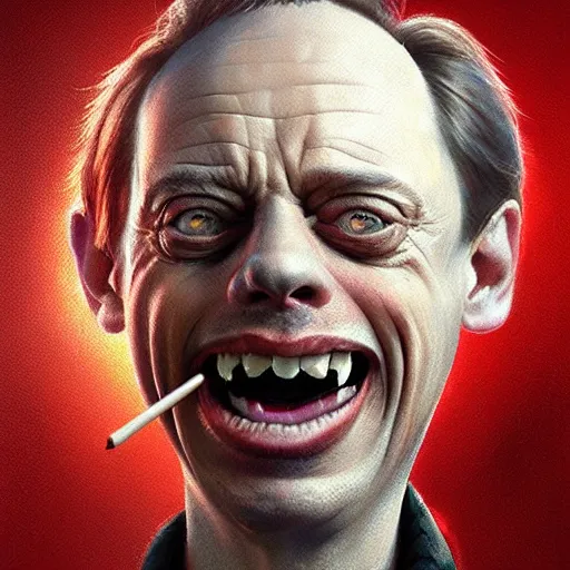 Prompt: hyper realistic absurd, silly, making insane faces, steve buscemi riding a tiny tricycle, painted by greg rutkowski, wlop, artgerm