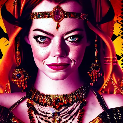 Image similar to a digital portrait of emma stone dressed as a belly dancer, arabian night, high quality, fully detailed, 4 k, in focus face with fine details, realistic hands