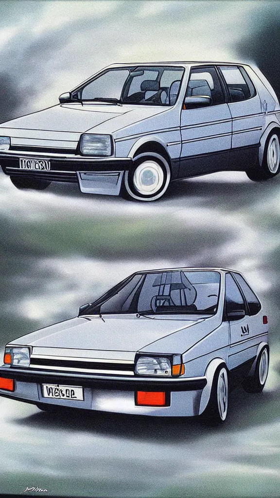 Image similar to 1 9 8 0 s airbrush surrealism illustration of a vw golf by don wieland