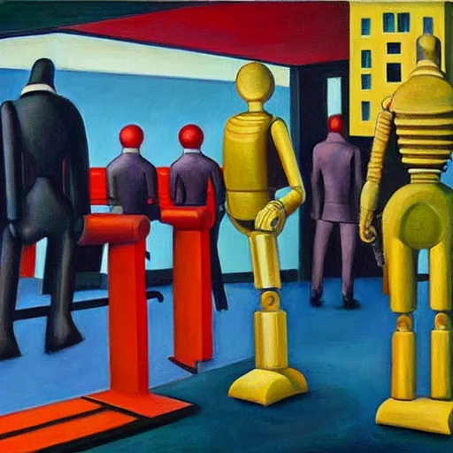 Image similar to people in robot suits, pj crook, edward hopper, oil on canvas