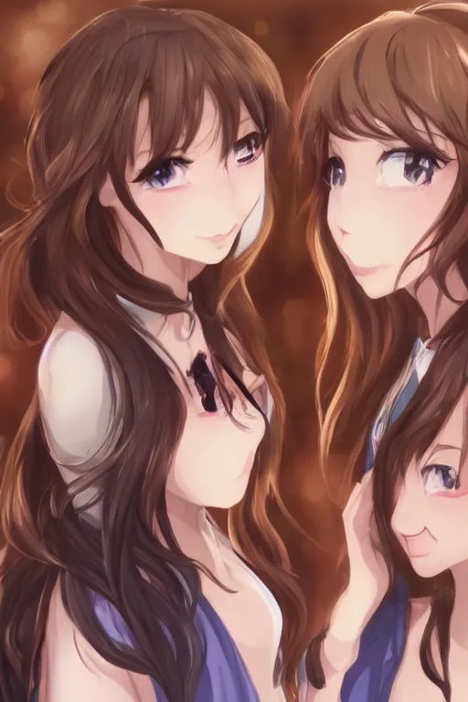 Prompt: two identical beautiful female idols standing face to face, detailed anime art