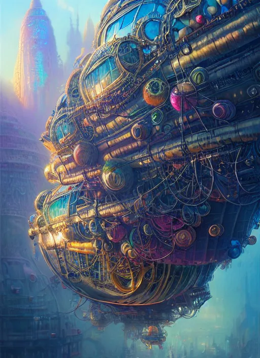 Image similar to hyper detailed ultra sharp of a colorful bubblepunk steampunk overcrowded city airship. trending on artstation, warpaint aesthetic, earthwave, colorful, psychedelic, ornate, intricate, digital painting, concept art, smooth, sharp focus, illustration, art by artgerm and greg rutkowski and h. r. giger, 8 k