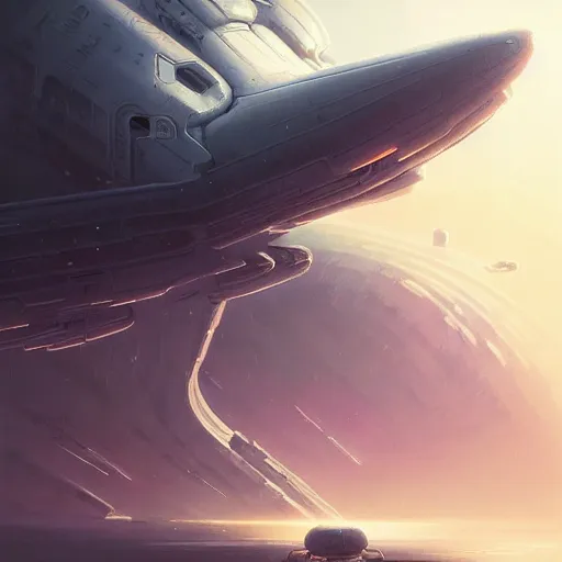 Image similar to professional ominous concept art of a sci - fi space ship touching down at a space station by artgerm and greg rutkowski. an intricate, elegant, highly detailed digital painting, concept art, smooth, sharp focus, illustration, in the style of simon stalenhag wayne barlowe, igor kieryluk.