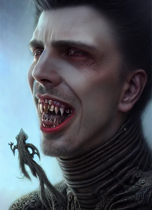 Prompt: closeup portrait shot of a male vampire in a scenic dystopian environment, intricate, elegant, highly detailed, centered, digital painting, artstation, concept art, smooth, sharp focus, illustration, artgerm, tomasz alen kopera, peter mohrbacher, donato giancola, joseph christian leyendecker, wlop, boris vallejo