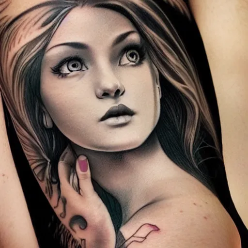 Image similar to tattoo design, beautiful portrait of a girl looking up and to the right by artgerm, artgerm