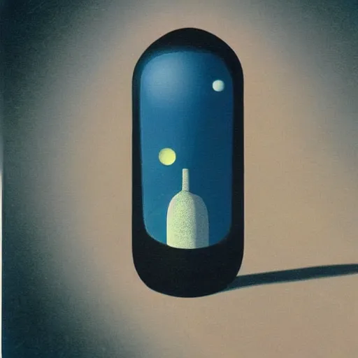 Prompt: an austronaut in a bottle, in the style of Rene Magritte,