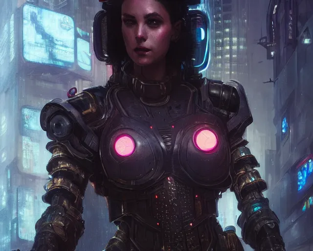 Image similar to 5 5 mm portrait photo of an armored gorgeous aesthetic woman warrior, wearing glowing armor in cyberpunk city. dark atmosphere. art by greg rutkowski. highly detailed 8 k. intricate. lifelike. soft light. nikon d 8 5 0.