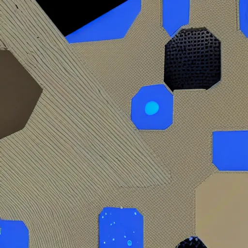 Image similar to a beige cubic space station with black greebles and glowing blue dots