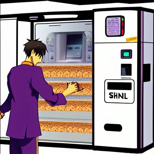 Image similar to “Shinji from Eva buying Cheerios from a cereal vending machine on a futuristic space ship, anime, artstation”