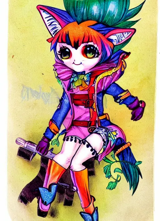 Image similar to A vintage painted illustration of an adorable chibi rogue fox anime girl in the style of Lisa Frank Babs Tarr Hantine Hsu sitting in a couture leather and spike vest that has skulls on it