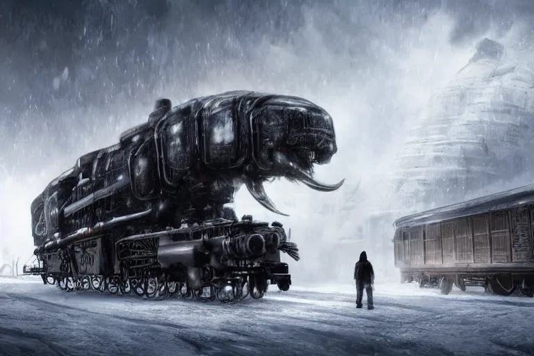 Image similar to a grand intricate futuristic black steam train next to a giant mammoth, post - apocalyptic ice landscape in snowstorm, concept art, artstation, highly detailed, digital art