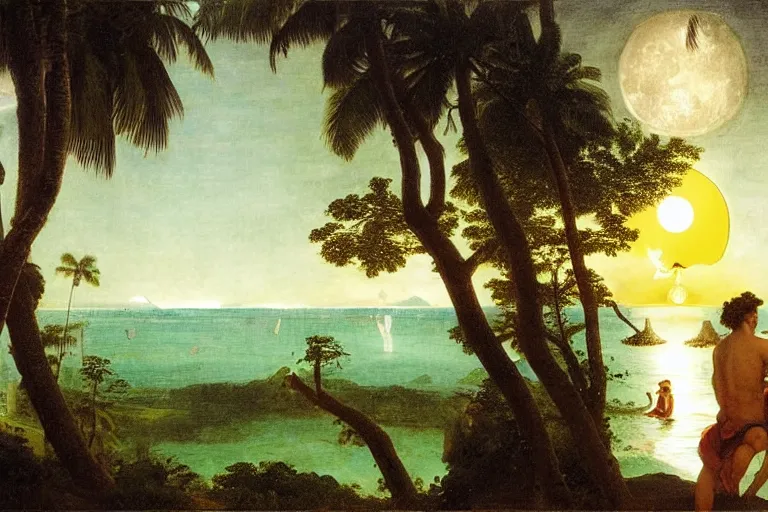 Image similar to The gazebo chalice, refracted moon on the ocean, thunderstorm, greek pool, beach and Tropical vegetation on the background major arcana sky and occult symbols, by paul delaroche, hyperrealistic 4k uhd, award-winning, very detailed paradise
