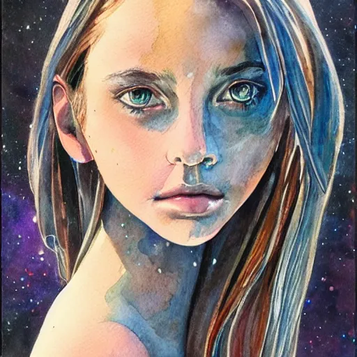 Image similar to water color on paper, gemini girl portrait, highly detailed, artstation, masterpiece, award - winning,