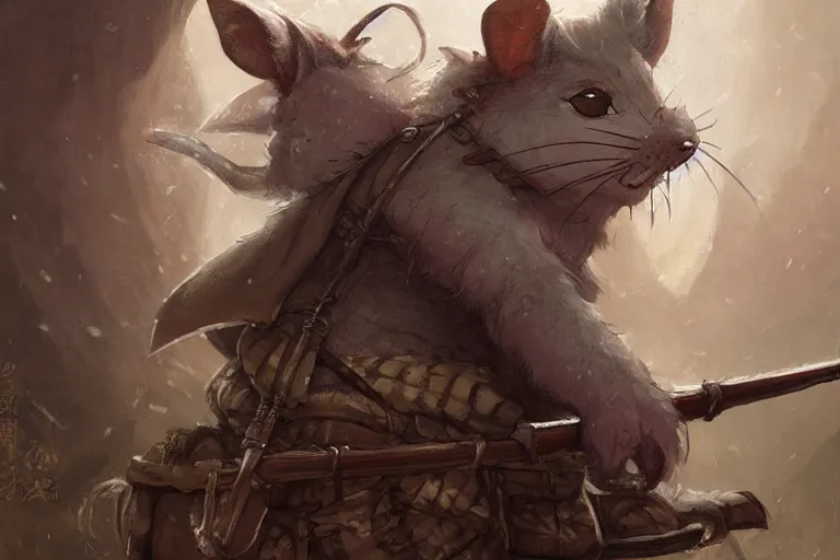 Prompt: dungeons and dragons fantasy painting, portrait of an ashigaru mouse with a rifle, whimsical and cute, determined expression, watery eyes, anime inspired by krenz cushart, light grey fur, tufty whiskers, bamboo forest, dawn lighting, by brian froud jessica rossier and greg rutkowski