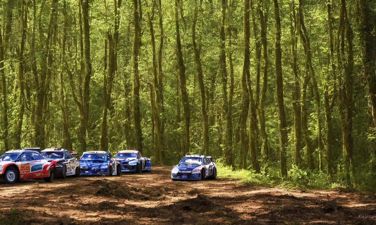 Prompt: 3 rally cars racing through a forest with a river behind them, sun shining through the trees, water colour,