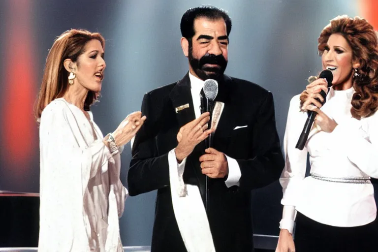 Prompt: saddam hussein singing a duet with celine dion on stage during a episode of the voice - g