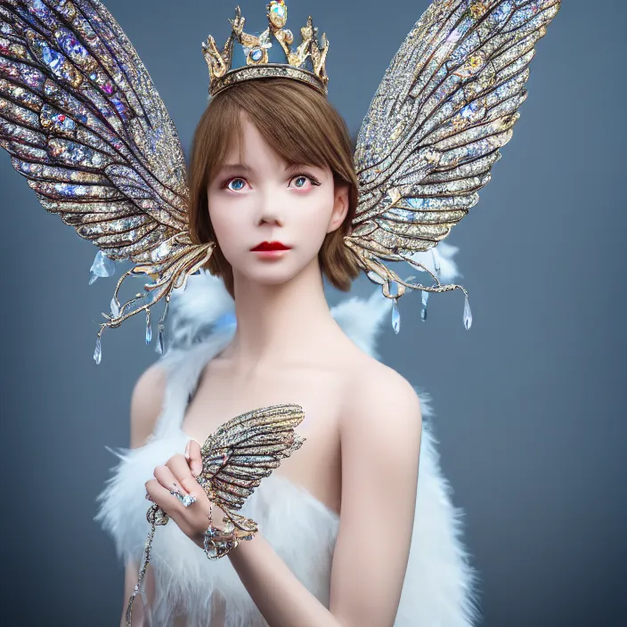 Image similar to photo of a real - life bueatiful angel queen with crystal wings, highly detailed, 4 k, hdr, smooth, sharp focus, high resolution, award - winning photo