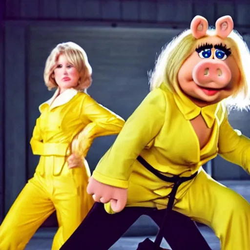 Image similar to Miss Piggy in yellow motorcycle suit swordfighting, Kill Bill, photo, 4k, detailed