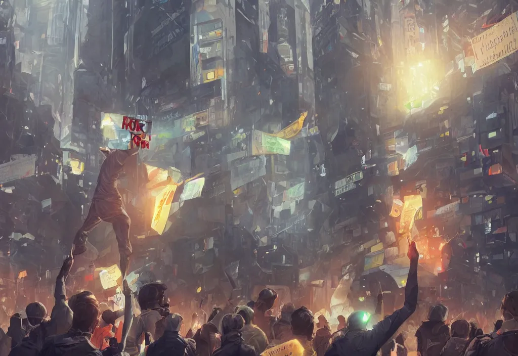 Image similar to angry protester holding placard, detailed digital illustration by greg rutkowski, medium shot, android netrunner