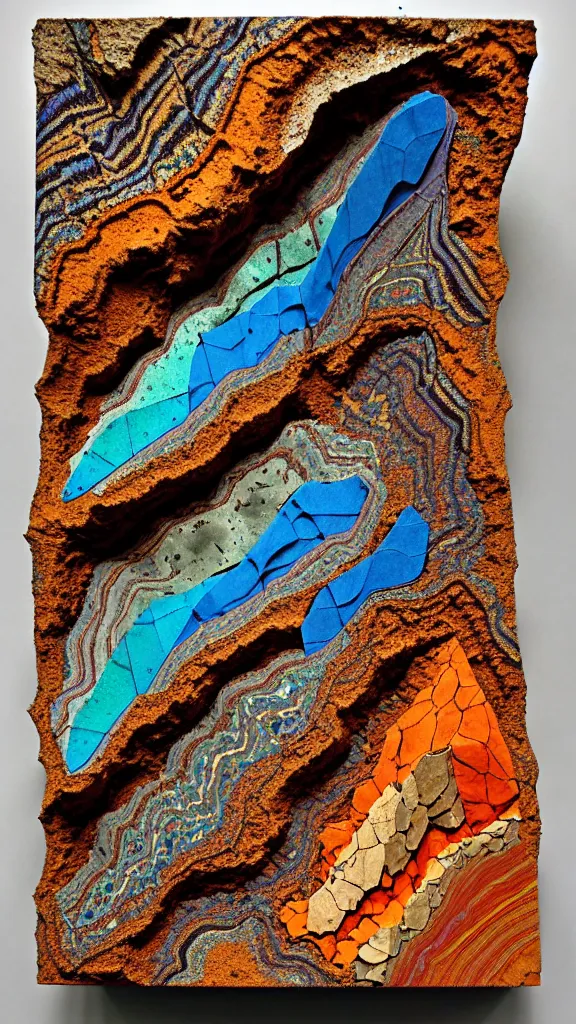 Image similar to vivid color, folded, tessellated planes of rock, alien sedimentary schematic, igneous rock, marbled veins, macro photography, 3D!!! diorama!!!!!!, depth of field with a patina of inlaid circuitry, layers of strata, mineral grains, dramatic lighting, rock texture, sand by James jean, geology, octane render in the style of Luis García Mozos