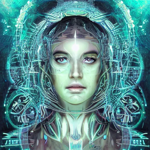 Prompt: portrait of a beautiful goddess future metaverse angel Ayahuasca tech shaman warrior, 2D cartoon, visionary art, symmetric, Magick symbols, holy halo, shipibo patterns, sci-fi, concept art, trending on art station, 8k digital art, by Mandy Jurgens, fantasy portrait art, anime