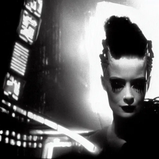 Image similar to cinematic portrait of bride of frankenstein as a replicant in a busy nightclub, frightened and angry, still from the movie bladerunner, fashion photography, a neon sign is in the background