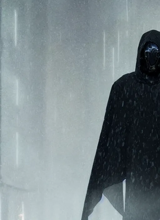 Prompt: dark figure wearing black robe with subtle trim gold accents hooded skull cyberpunk bladerunner 2049 movie still (2017) Wayne Barlowe and Greg Rutkowski