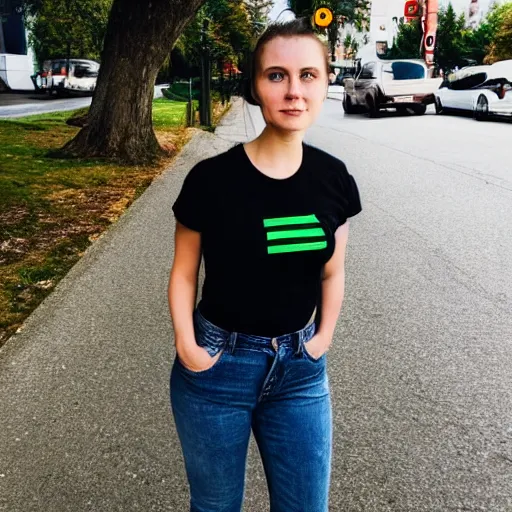 Prompt: iPhone portrait of an 20-something Canadian dressed in, light brown hair, green eyes, wearing a vintage black tshirt and jeans, pony tail, girl next door innocent look, on a sidewalk of Vancouver