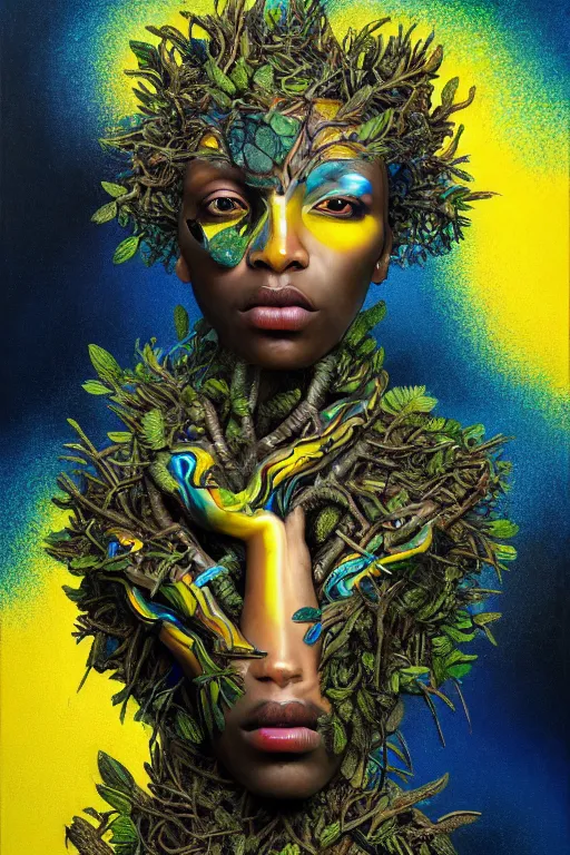 Prompt: hyperrealistic deconstructed super expressive! black woman with exoskeleton armor, merging with tree in a forest, highly detailed digital painting masterpiece smooth hannah yata brad kunkle dramatic pearlescent blue yellow light ground angle hd 8k sharp focus