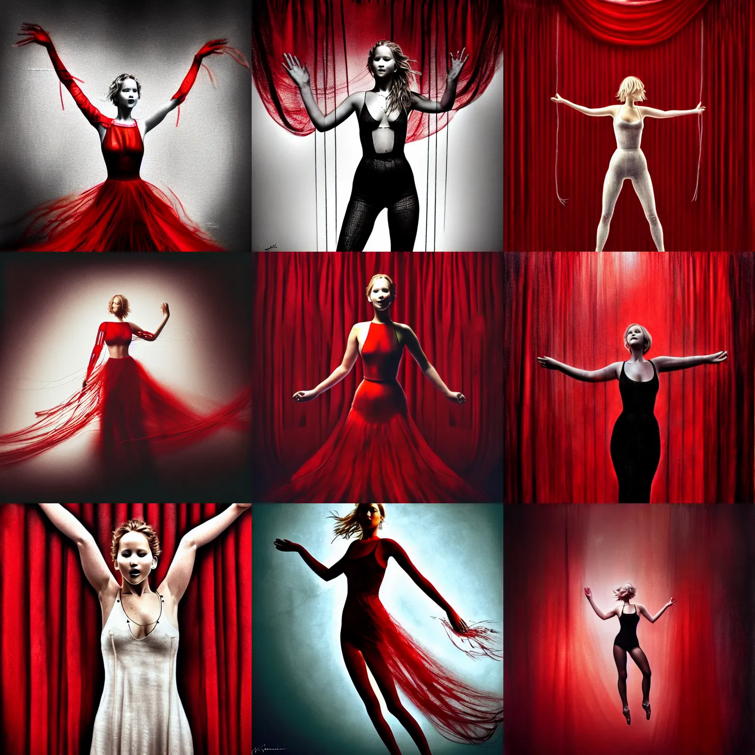 Prompt: dancing Jennifer Lawrence as a puppet strings surrounded by red curtains, medium shot taken, neck looking directly at the camera, big white strings attached to each wrist from above, by Brooke Shaden, intricate, dystopian, sci-fi, extremely detailed, digital painting, artstation, concept art, smooth, sharp focus, illustration, intimidating lighting, incredible art, details visible, very dark ambiance